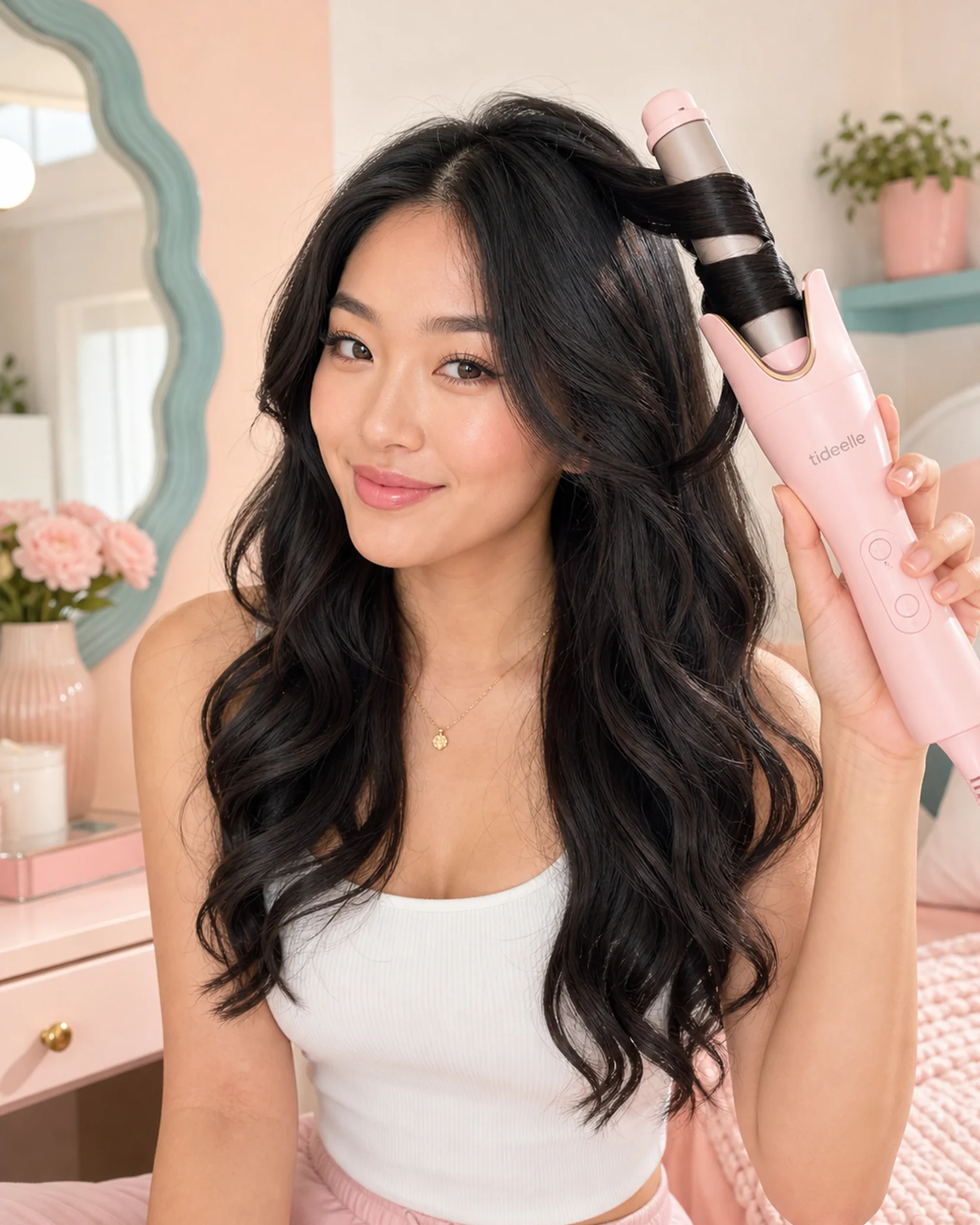 Tideelle rotating curling wand being used to style soft waves