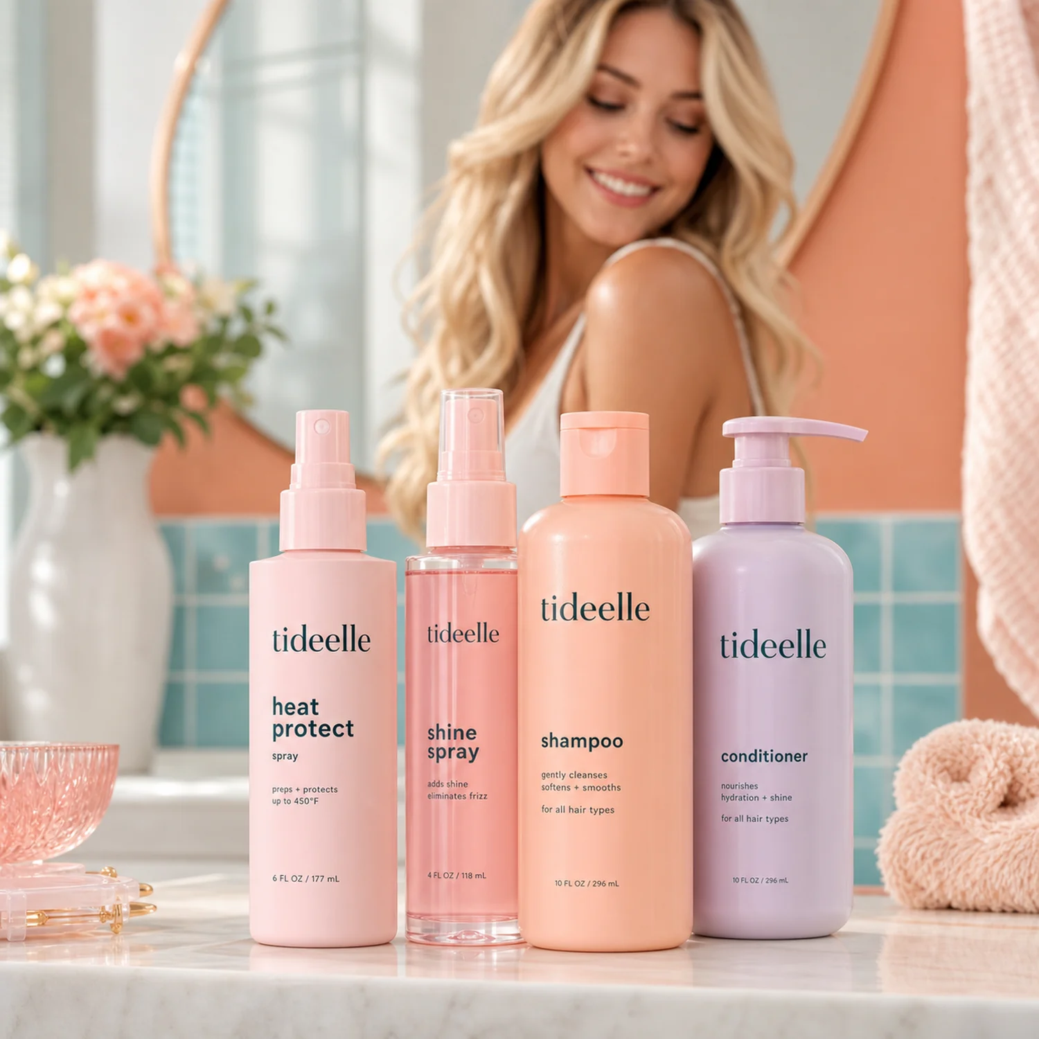 Tideelle haircare lineup arranged for a summer styling routine